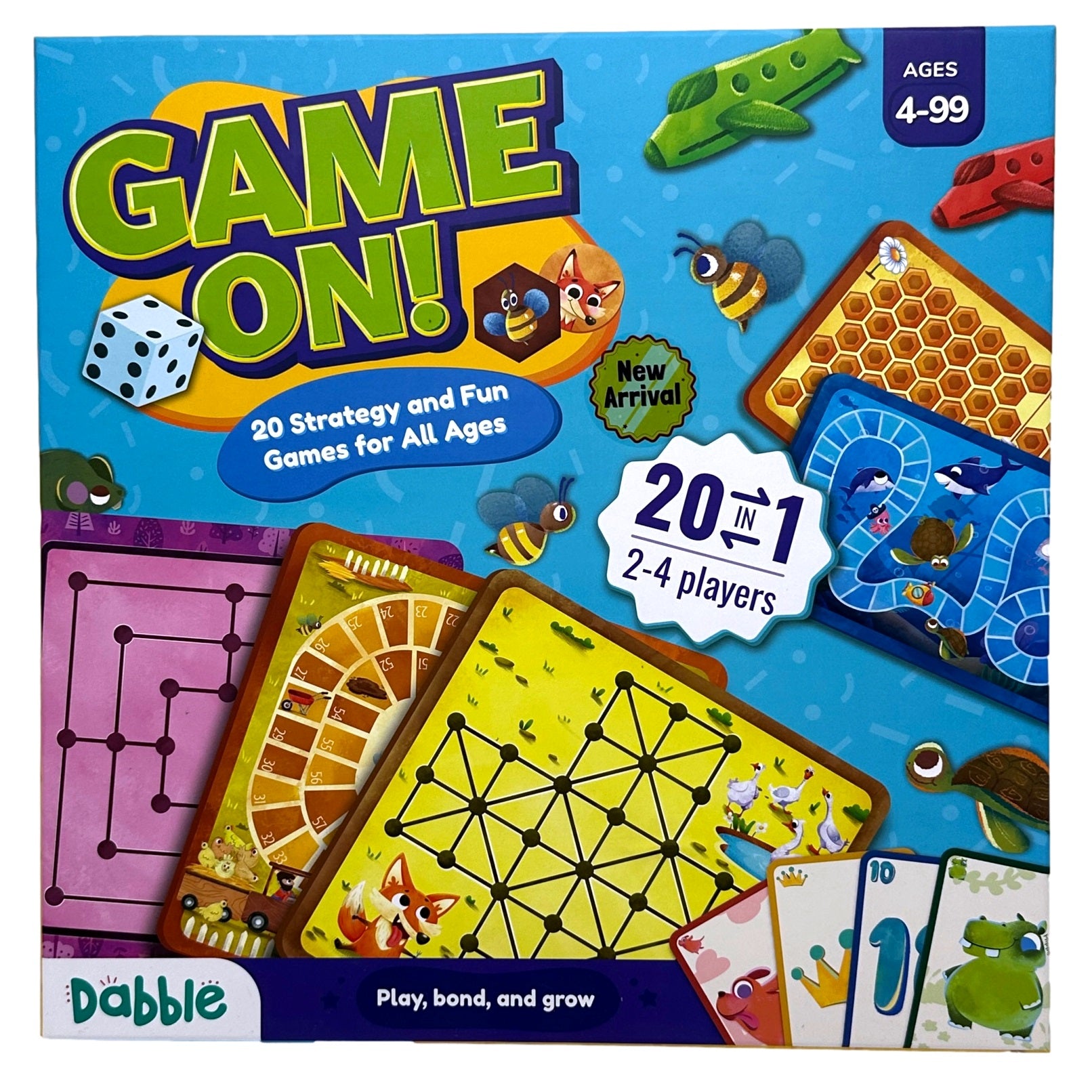 Box for "Game On!" board game with a blue background and illustrations of board game components.